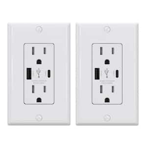 25-Watt 15 Amp Type A and Type C Dual USB Wall Charger with Duplex Outlet, Wall Plate Included, White (2-Pack)