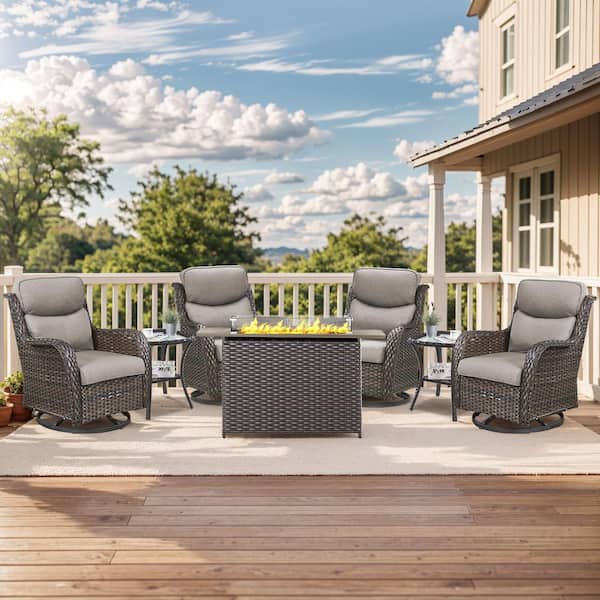 Luxury Brown Wicker Fire Pit Conversation Set with Olefin Gray Cushions and Patio Swivel Chairs/Side Tables
