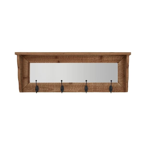StyleWell 10.47 in. H x 30 in. W x 5.9 in. D Natural Wood Floating Decorative Wall Shelf with Mirror and Hooks