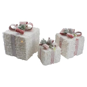 10 in. Frosted Rattan Christmas Gift Boxes With Pinec1s Set Of 3 LED