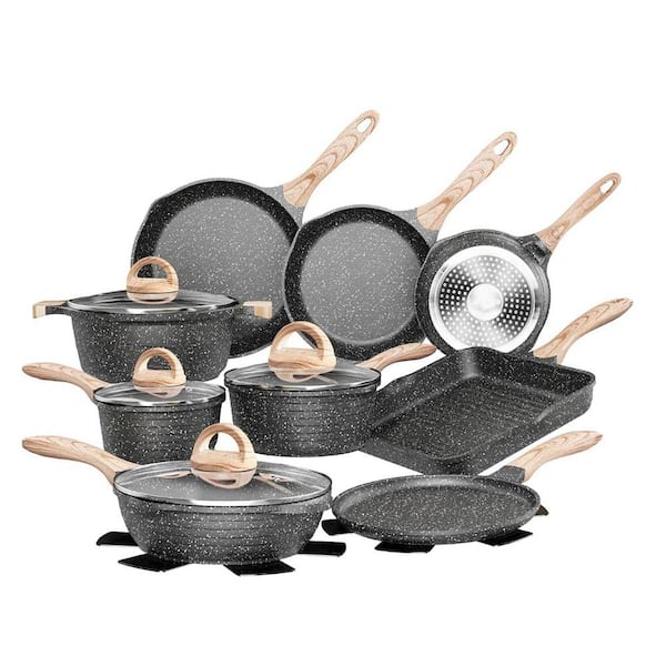 23-Piece Gray Nonstick Aluminum Cookware Set Induction Safe Triple Layer Coating Cool Handles with Pour Spouts