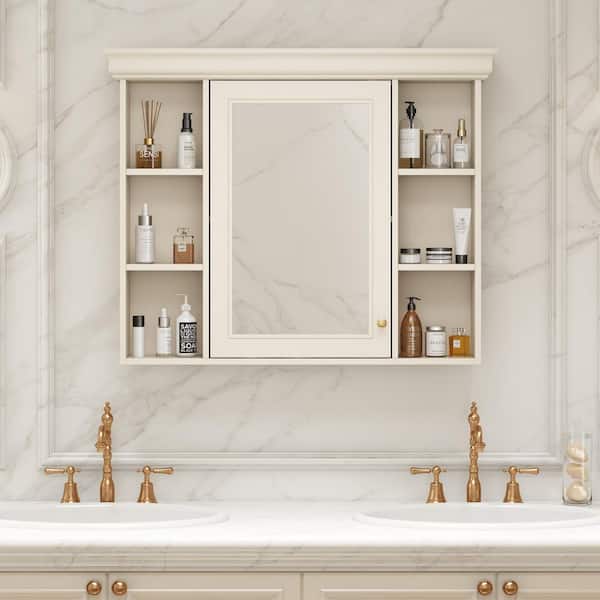 Beige Cream 35.5 in. W x 28.74 in. H Rectangular Wall Mounted Bathroom Medicine Cabinet with Mirror, Adjustable Shelves