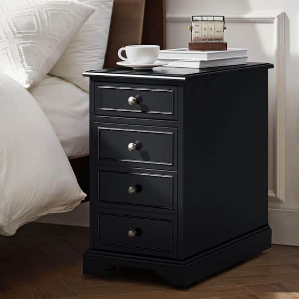 JAYDEN CREATION Ruperto Black 14 in. W MDF Rectangle End Table with Hooded Caster Wheels and Built-In Outlets