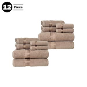 12-Piece Taupe Solid 100% Cotton Bath Towel Set with Satin Stripes