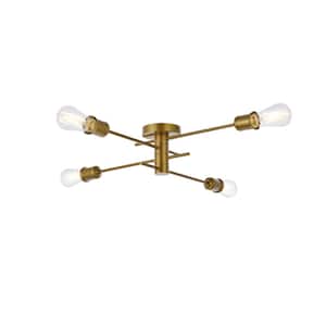 Timless Home 26 in. 4-Light Midcentury Modern Brass Flush Mount with No Bulbs Included