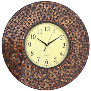 19 in. Amber Flower Mosaic Wall Clock with Black Cement, Arabic Number Glass Dial 9.5 in.