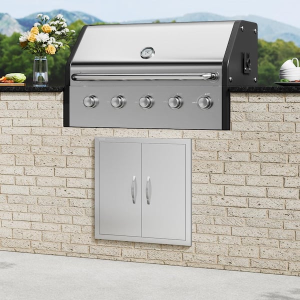 Double Outdoor Kitchen Door 24 in. W x 24 in. H BBQ Access Door Stainless Steel Flush Mount Door with Handles and Hooks