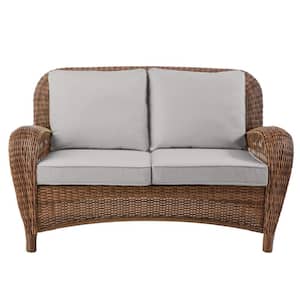 Beacon Park Brown Wicker Outdoor Patio Loveseat with CushionGuard Stone Gray Cushions