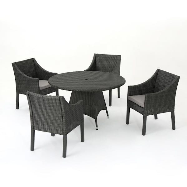 Noble House Gray 5-Piece Faux Rattan Round Outdoor Patio Dining Set with Silver Cushion