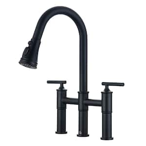 Double Handle Bridge Kitchen Faucet with Three Function Pull-Down Sprayhead in Matte Black