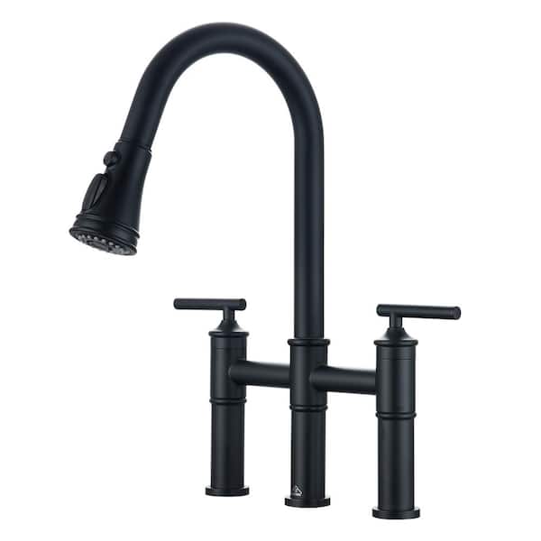 CASAINC Double Handle Bridge Kitchen Faucet with Three Function Pull-Down Sprayhead in Matte Black