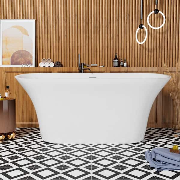 INSTER 67 in. Elegant Acrylic Oval Shaped Flatbottom Non-Whirlpool Double Slipper Soaking Bathtub in White