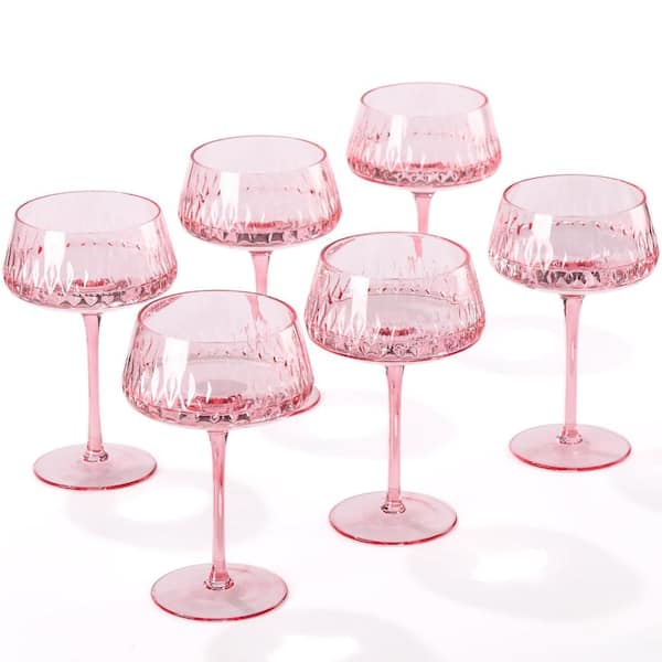 14 oz. Diamond-Cut Hand-Blown Lead-Free Colored Pink Coupe Cocktail Martini Glassware (Set of 6)