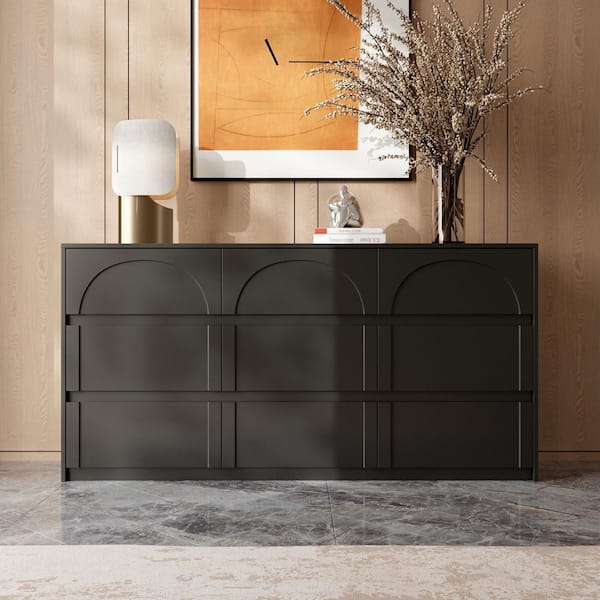 FUFU&GAGA 9-Drawer Black Wood Dresser Chest of Drawer Modern Style 31.5 in. H x 63 in. W x 13.7 in. D, Arch Shaped