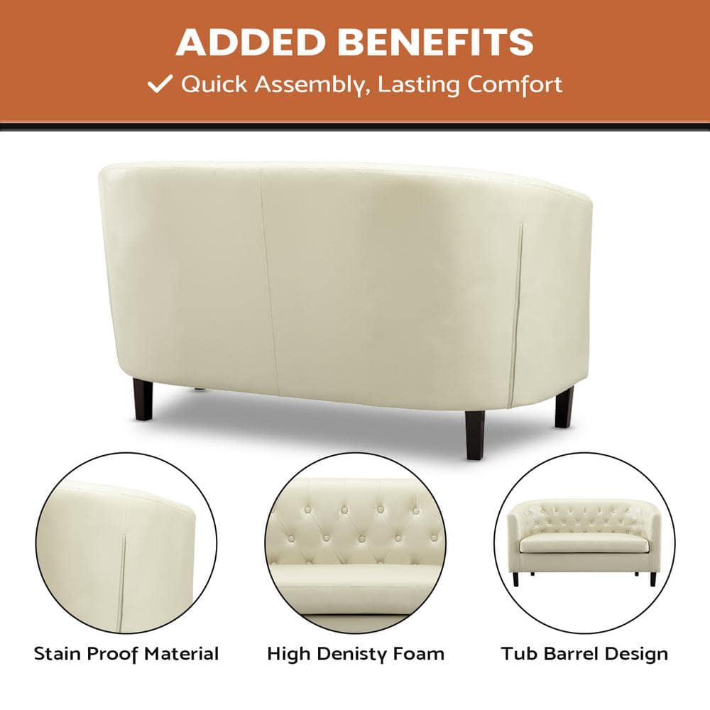 Cream Tufted Faux Leather Loveseat with Wooden Legs