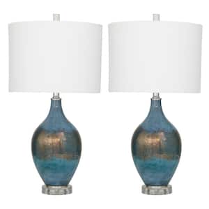 25 in. Blue Glass Task and Reading Table Lamp with Bronze Detailing (Set of 2)
