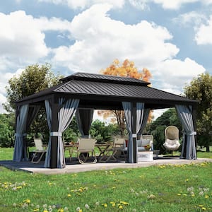 20 ft. x 12 ft. Galvanized Steel Double Roof Canopy Hardtop Aluminum Gazebo with Curtain and Netting for Patio, Backyard