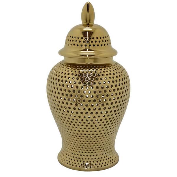 Benjara Porcelain Jar with Carved Lattice Design