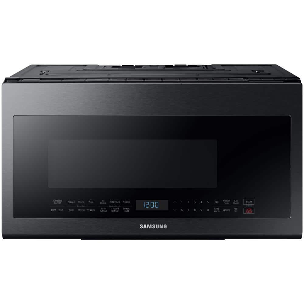 Samsung 30 in. 2.1 cu. ft. Over the Range Microwave in Fingerprint Resistant Black Stainless with Ceramic Enamel Interior, Fingerprint Resistant Black Stainless Steel