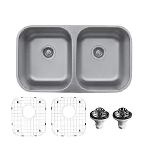 18-Gauge Stainless Steel 32 in. Double Bowl Undermount Kitchen Sink with Grid and Basket Strainer