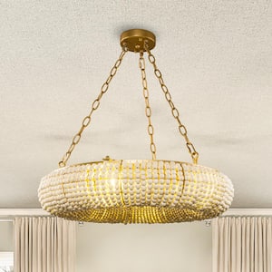 23.6 in. 6-Light Antique Gold Ring Chandelier with Wood Beads Accents for Dining Room Bedroom