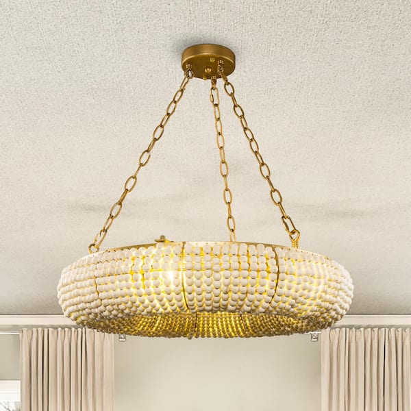 Flint Garden 23.6 in. 6-Light Antique Gold Ring Chandelier with Wood Beads Accents for Dining Room Bedroom
