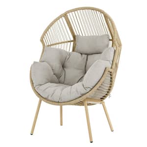35 in. W Oversized Yellow Wicker Egg Chair Patio Egg Lounge Chair with Beige Cushions