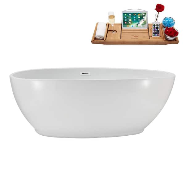 Streamline 67 in. x 34 in. Acrylic Freestanding Soaking Bathtub in Glossy White With Glossy White Drain