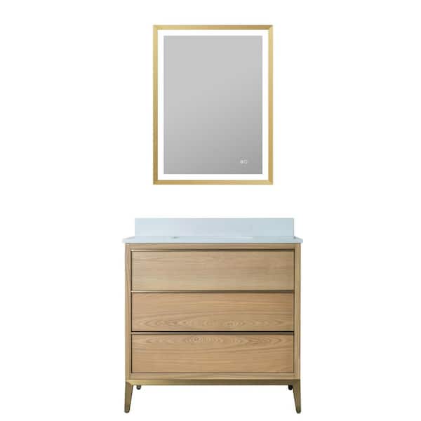 Nolan 36 in. W x 22 in. D x 35 in. H Single Sink Freestanding Bath Vanity in Oak with Quartz Top and Mirror