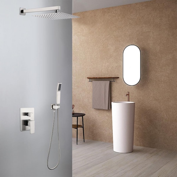 Single-Handle 2-Spray Square Shower Faucet in Brushed Nickel Stainless Steel Hand Shower (Valve Included)