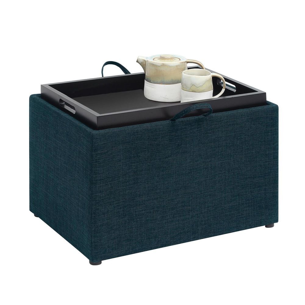 Dark Blue Fabric Storage Ottoman with Reversible Tray