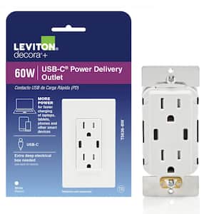 USB Wall Outlet High Power Dual Type-C/C Power Delivery 60W (6A) Charger with 15A Tamper-Resistant Outlet, White
