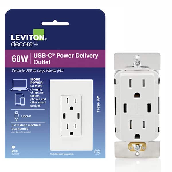 Leviton USB Wall Outlet High Power Dual Type-C/C Power Delivery 60W (6A) Charger with 15A Tamper-Resistant Outlet, White