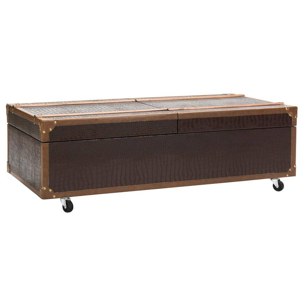 Transitional Mix Walnut and Brass Storage Trunk Coffee Table