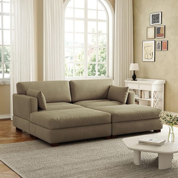 Uixe 88 in. Modern Square Arm Corduroy Fabric Upholstered Sectional Sofa in Camel with 2-Ottomans and Wood Leg