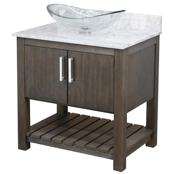 Novatto Ocean Breeze 31 in. W x 22 in. D x 31 in. H 1 Clear Sink with CH Drain Bath Vanity in Cafe with Carrara White Marble Top