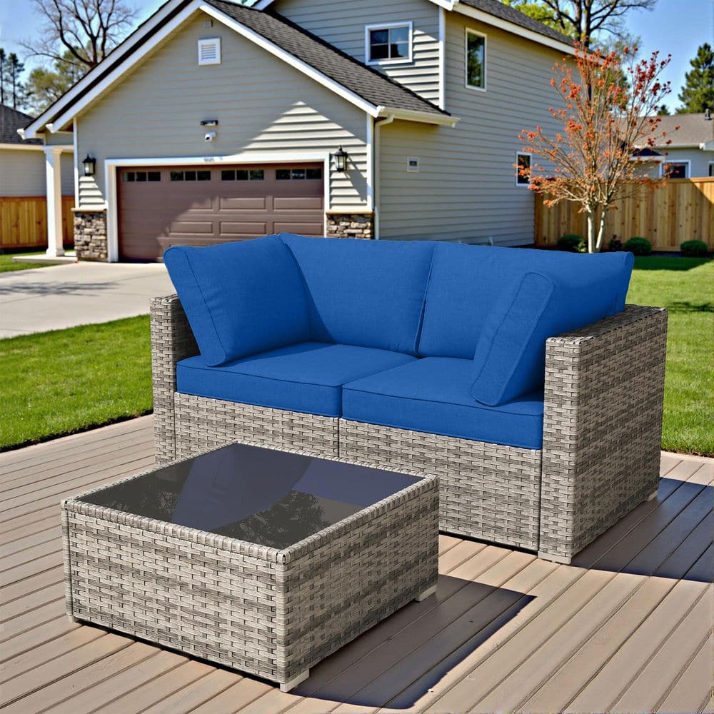 Nestle 3 Pieces Wicker Patio Conversation Seating Sofa Set with Navy Blue Cushions and Coffee Table price history on PriceWatchPro