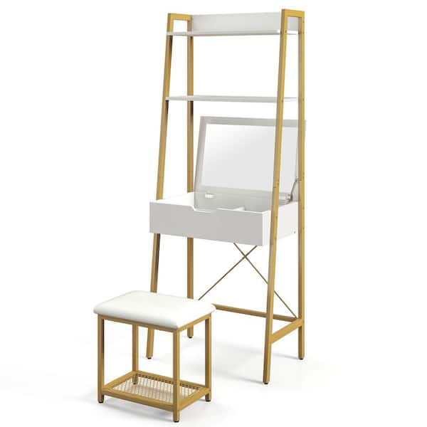 Costway 2-Piece White Makeup Vanity Set Flip Top Table Mirror Ladder Storage Shelf Cushioned Stool