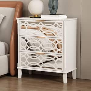 26 in. W White Square Wood 3-Mirrored Drawers Side Table Bedside Table Nightstand with Mirror Finish