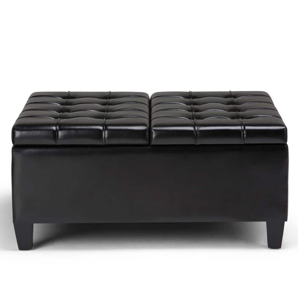 Midnight Black Tufted Faux Leather 36" Square Storage Ottoman