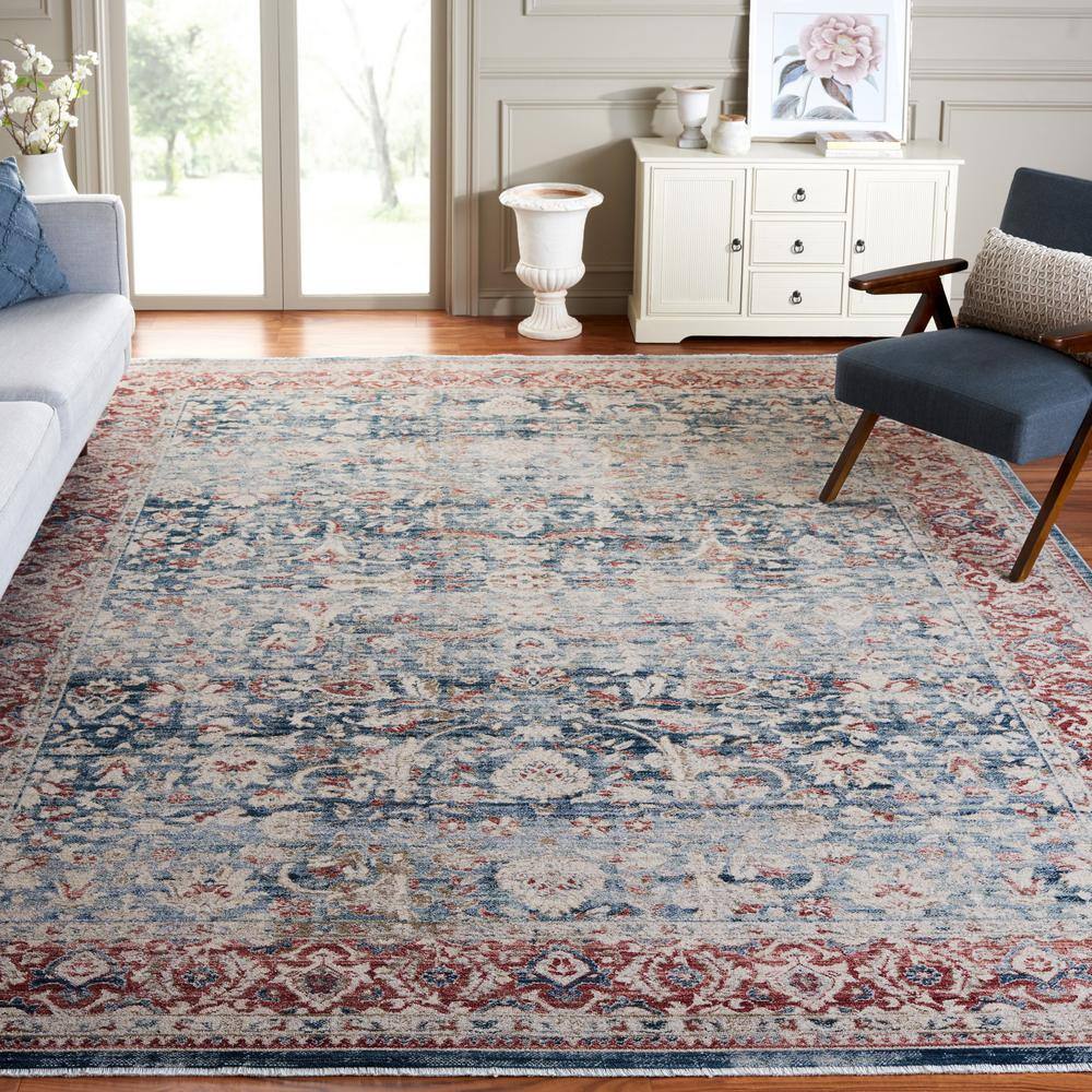 Blue and Rust Hand-Knotted Rectangular Synthetic Area Rug