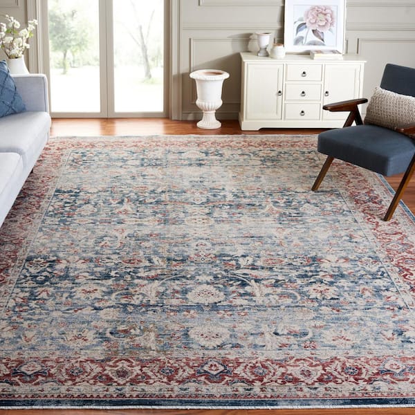 Antique Patina Blue/Rust 9 ft. x 12 ft. Distressed Border Ornate Area Rug