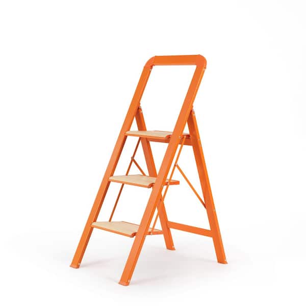 3-Step Lightweight Aluminum Step Stool (7 ft. Reach) 450 lb. Load Capacity w/ Anti-Slip Wide Pedal and Handrails, Orange