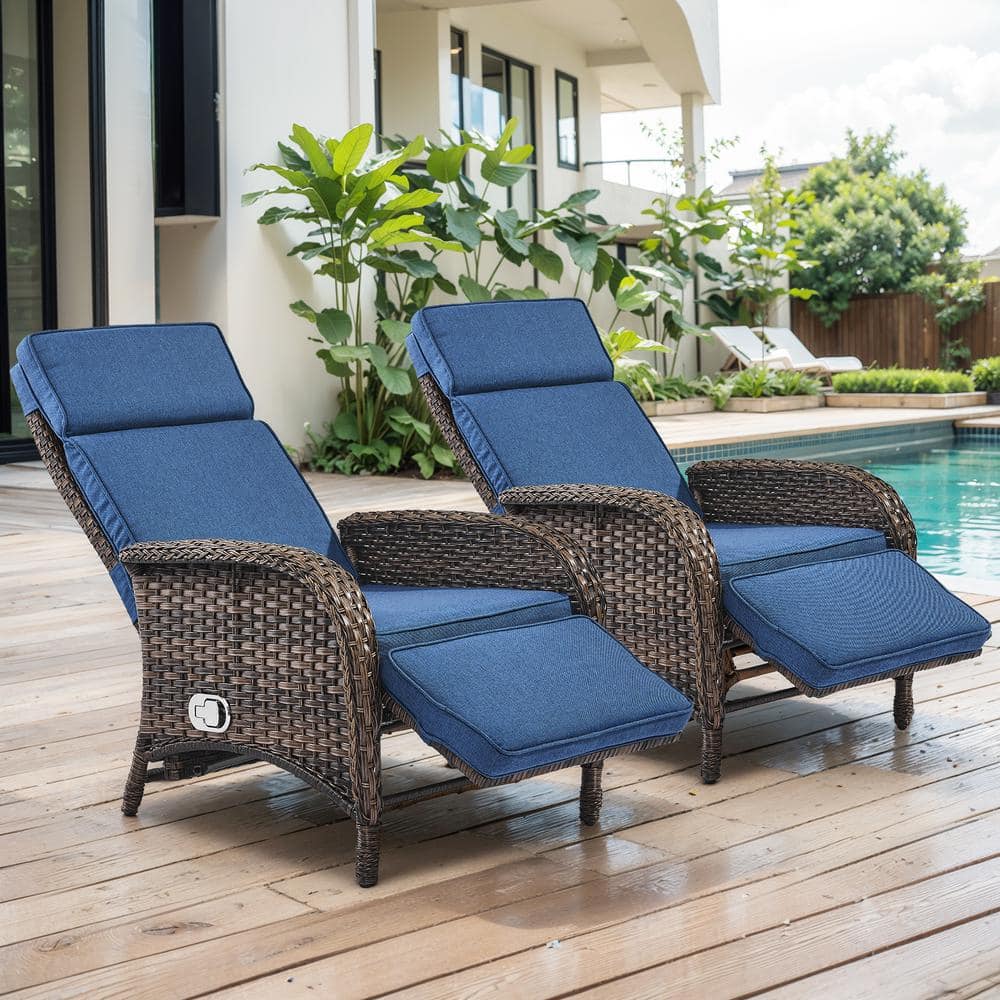 Brown 2-Piece Wicker Outdoor Recliner with Olefin Blue Cushions and Flat Armrests Patio Chaise Lounge Chairss price history on PriceWatchPro