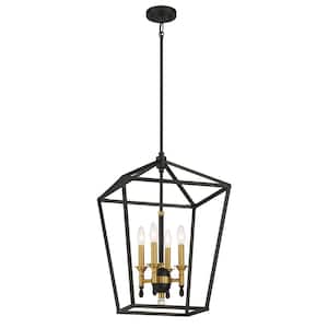 Townhall 4-Light Soft Brass and Black Cage Pendant Light