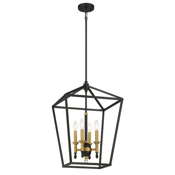 Minka Lavery Townhall 4-Light Soft Brass and Black Cage Pendant Light