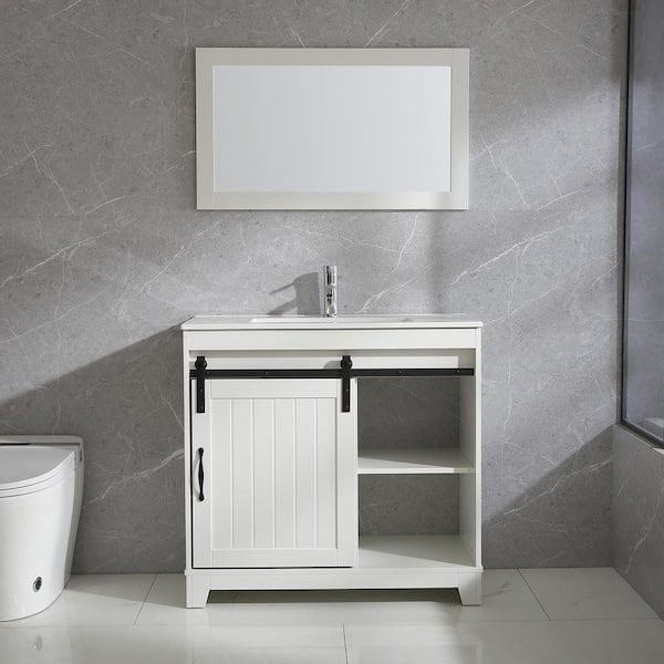 Wonline 35.4 in. W x 17.7 in. D x 33.5 in. H Single Sink Bathroom Vanity in White with Vanity Top and Mirror