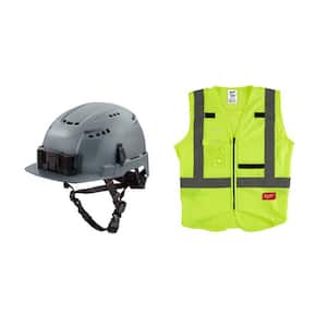 BOLT Gray Type 2 Class C Front Brim Vented Safety Helmet w/Small/Med. Yellow Class 2 High Vis. Safety Vest w/10-Pockets