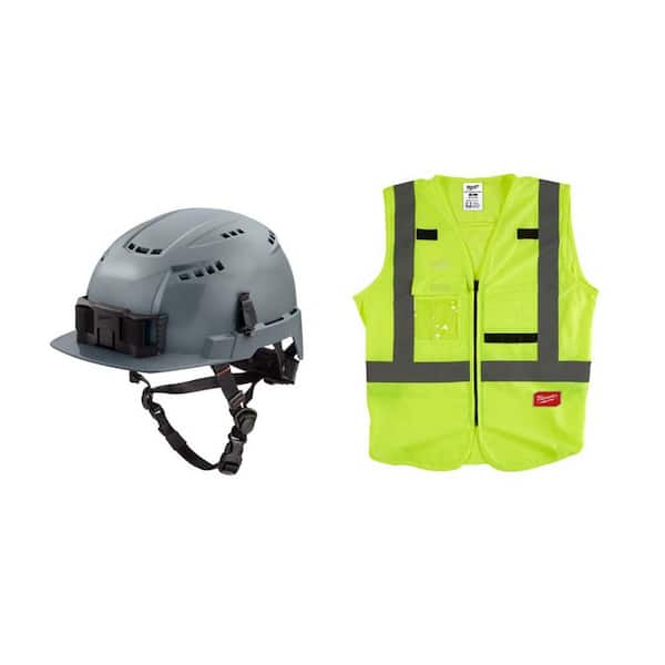 Milwaukee BOLT Gray Type 2 Class C Front Brim Vented Safety Helmet w/Small/Med. Yellow Class 2 High Vis. Safety Vest w/10-Pockets