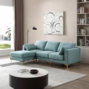 92.9 in Wide Square Arm Polyester Modern L-shaped Sofa in. Turquoise with Ottoman and 2 Pillows